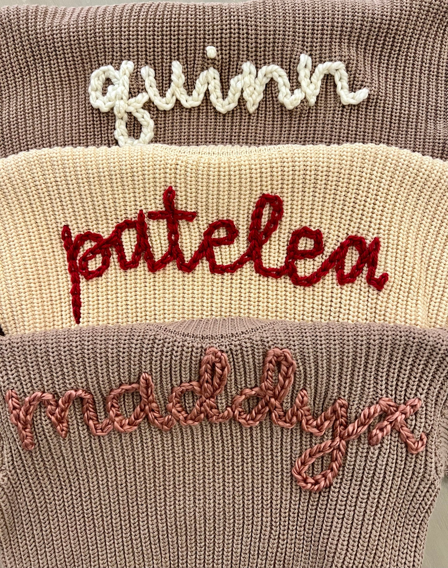 Stitch by Kelsey Vestal - Hand Drawn/Hand Stitched Add a Name Embroidery (yarn for sweater material)