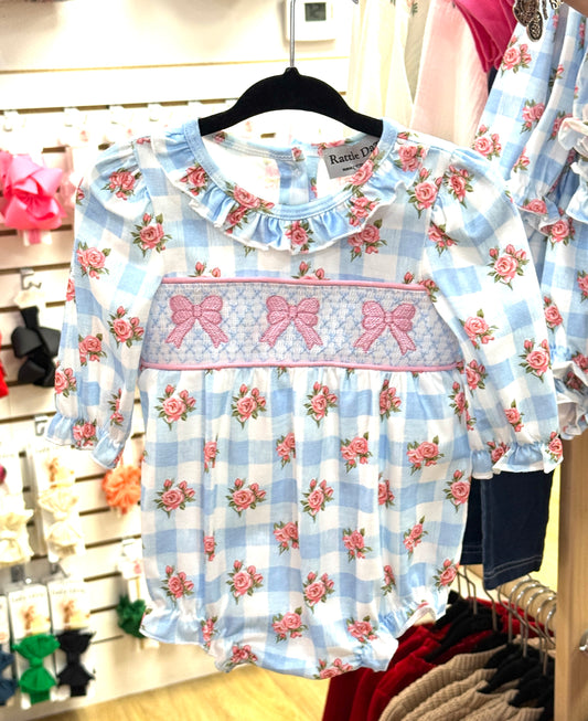 Blue Bow Smocked Romper