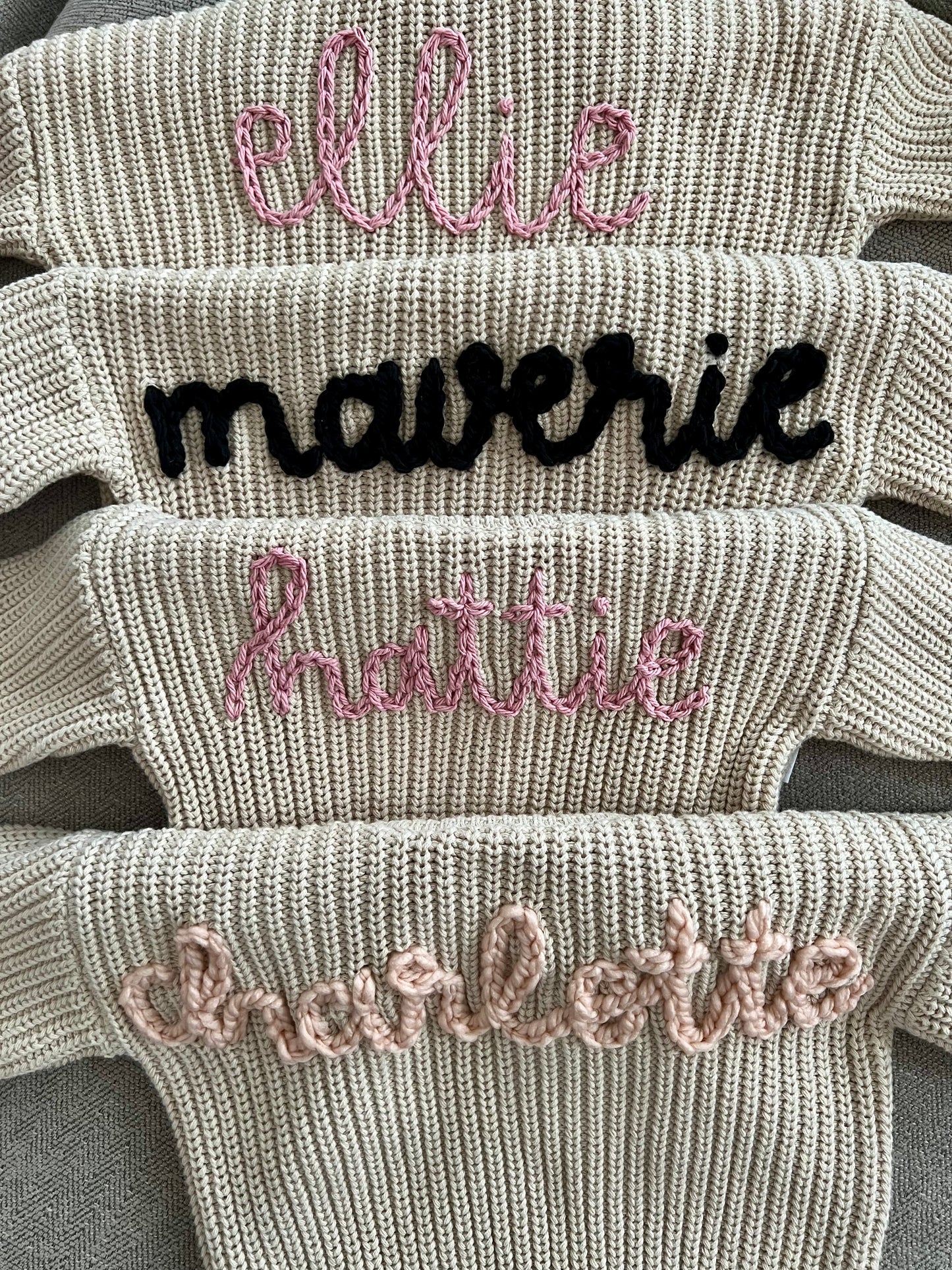 Stitch by Kelsey Vestal - Hand Drawn/Hand Stitched Add a Name Embroidery (yarn for sweater material)