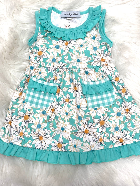 Mint Floral Plaid Ruffle Dress