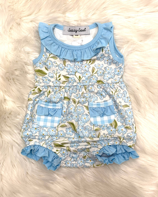 Blue Floral Plaid Ruffle Bubble