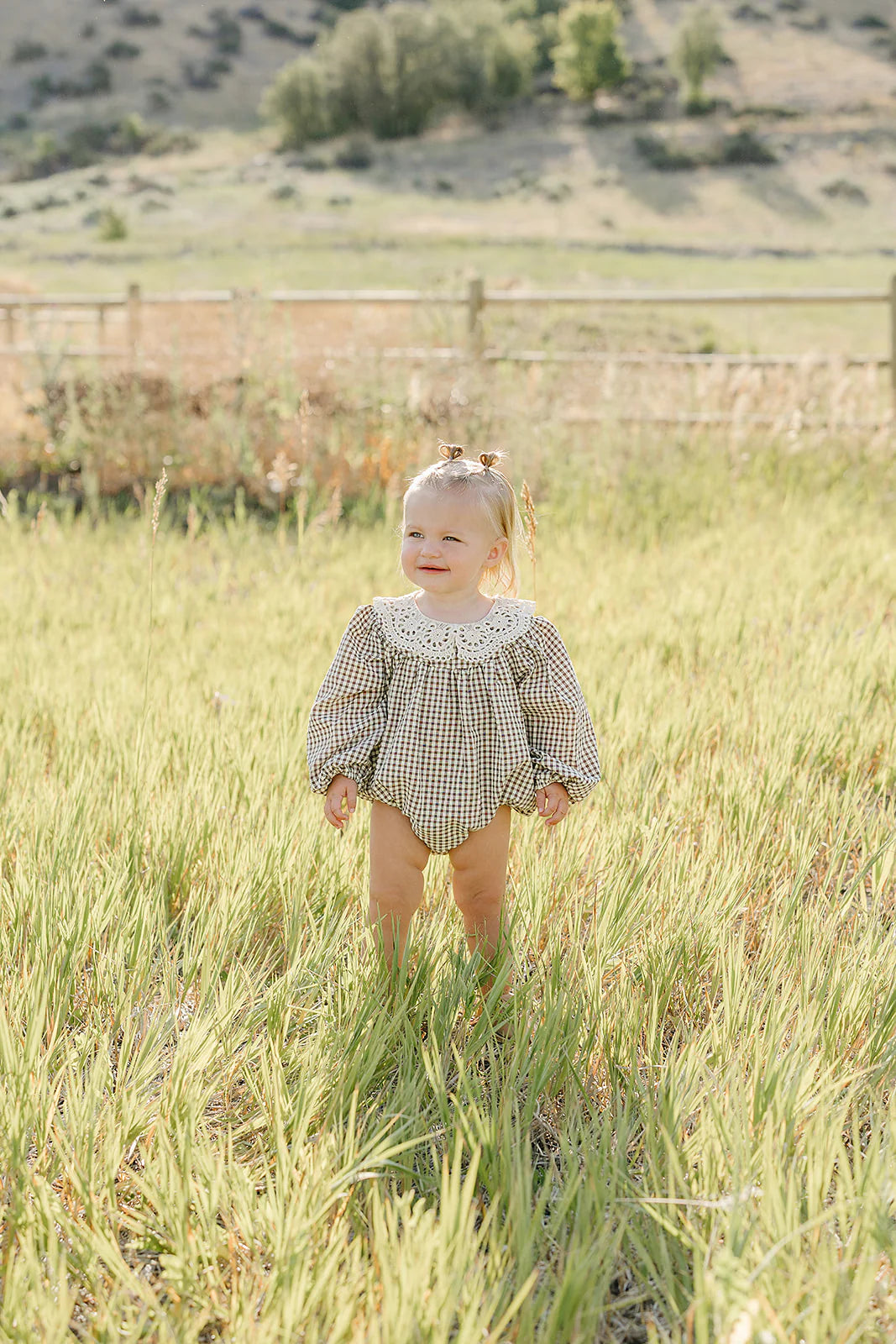 Camel Gingham Bubble Romper