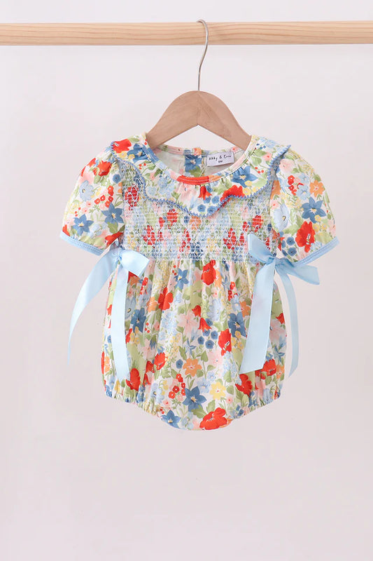 Blue Floral Smocked Ruffle Bubble