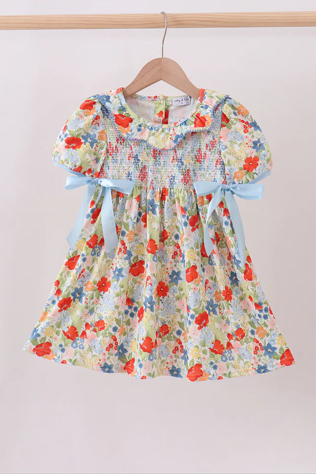 Blue Floral Smocked Ruffle Dress