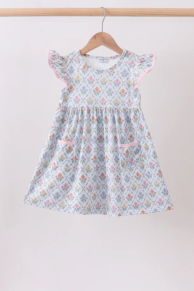 Blue Floral Ruffle Dress
