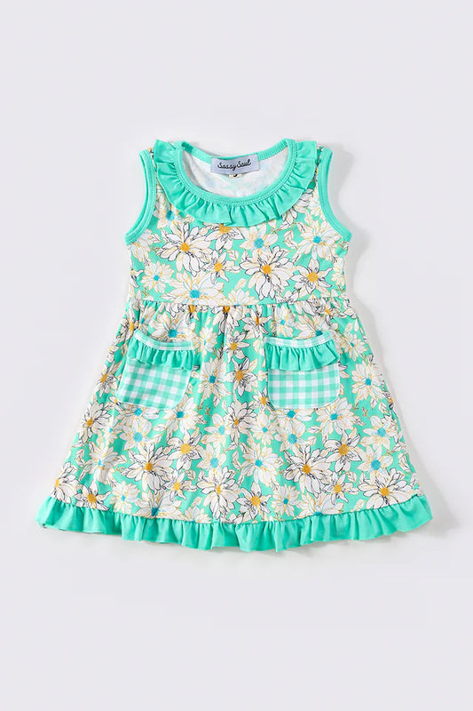 Mint Floral Plaid Ruffle Dress