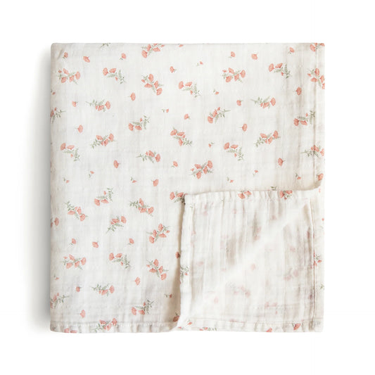 Muslin Swaddle Blanket Organic Cotton  - Pink Flowers