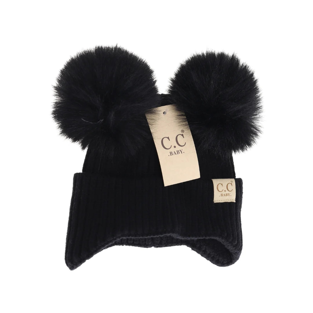 CC Double Pom Baby Ear Flap Beanie - Black