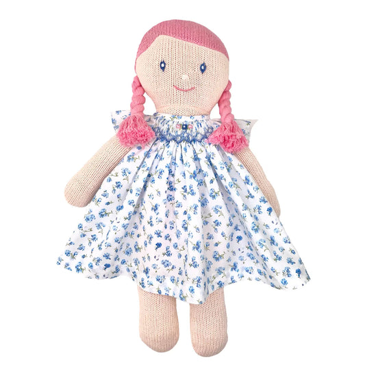 Knit Doll with Blue Floral Smocked Dress