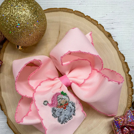 Pink Santa Embroidered Moonstitch Hair Bow