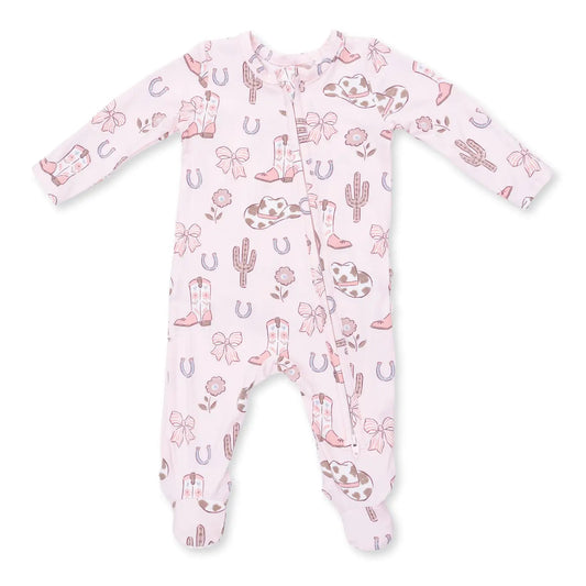 Cowgirl Boots and Bows Ruffle Zipper Footie