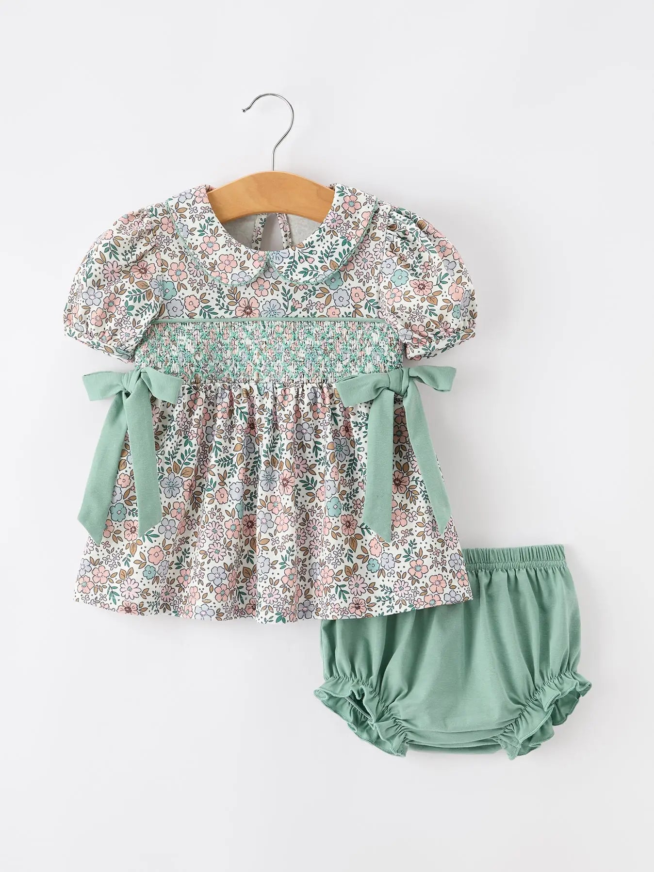 Sage Floral Smock Bloomer Set