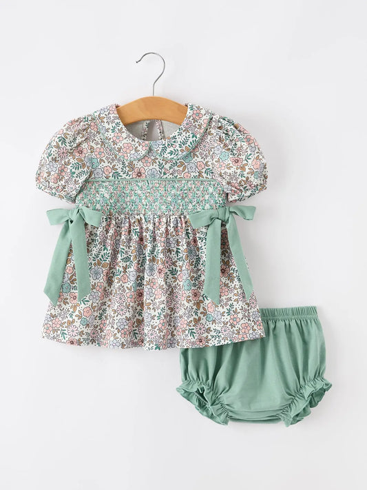 Sage Floral Smock Bloomer Set