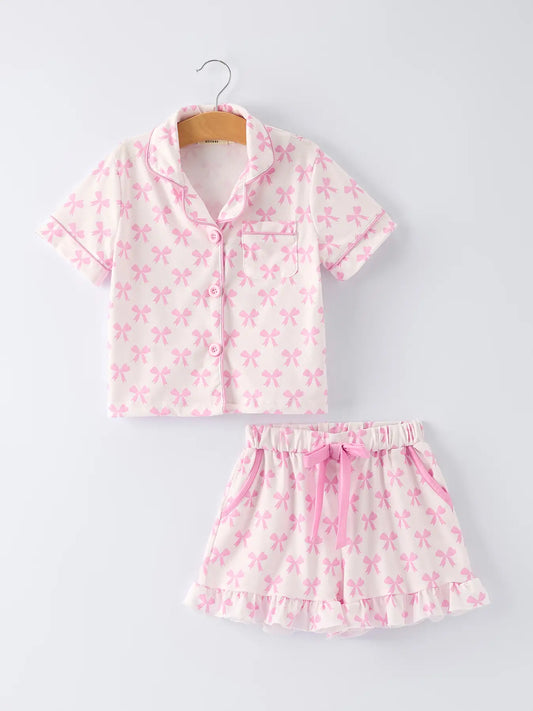 Pink Bow Print Ruffle PJ Set