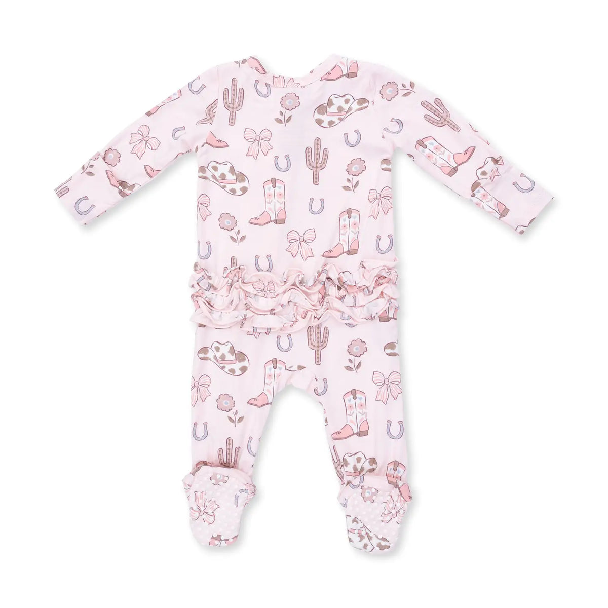 Cowgirl Boots and Bows Ruffle Zipper Footie