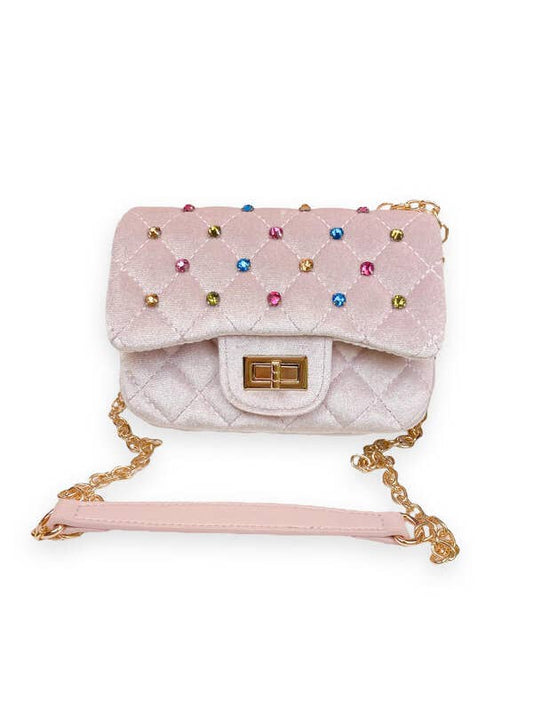 Colorful Studs Velvet Quilted Purse - pink