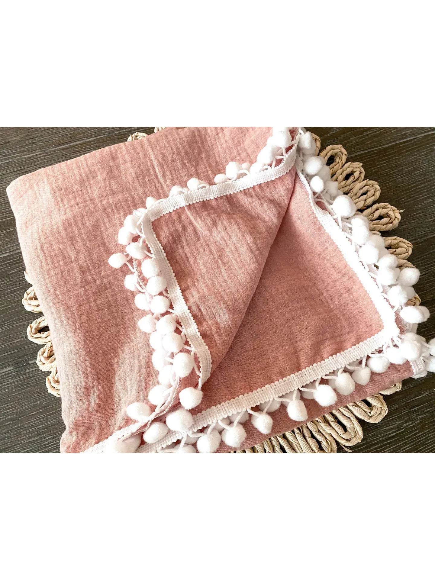 Dusty Pink Pom Muslin Swaddle Blanket