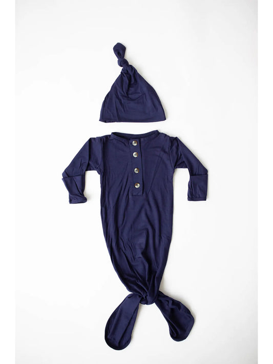Knotted Baby Gown and Hat Set (Newborn - 3 mo) -  navy blue