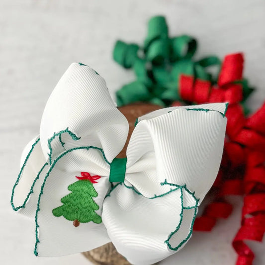Christmas Tree Embroidered Moonstitch Hair Bow