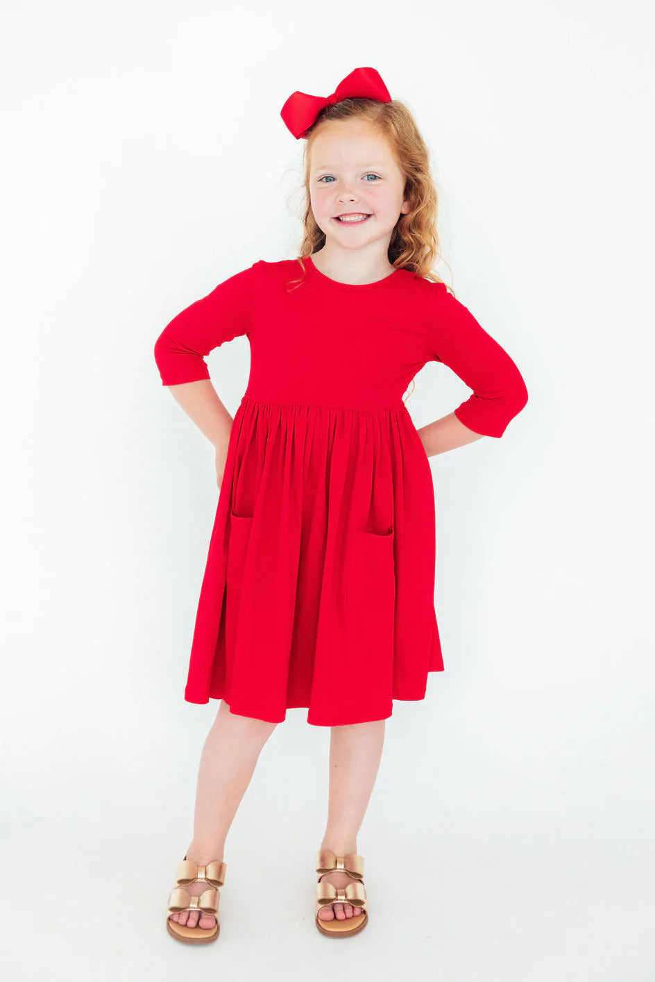 Red 3/4 Sleeve Twirl Dress