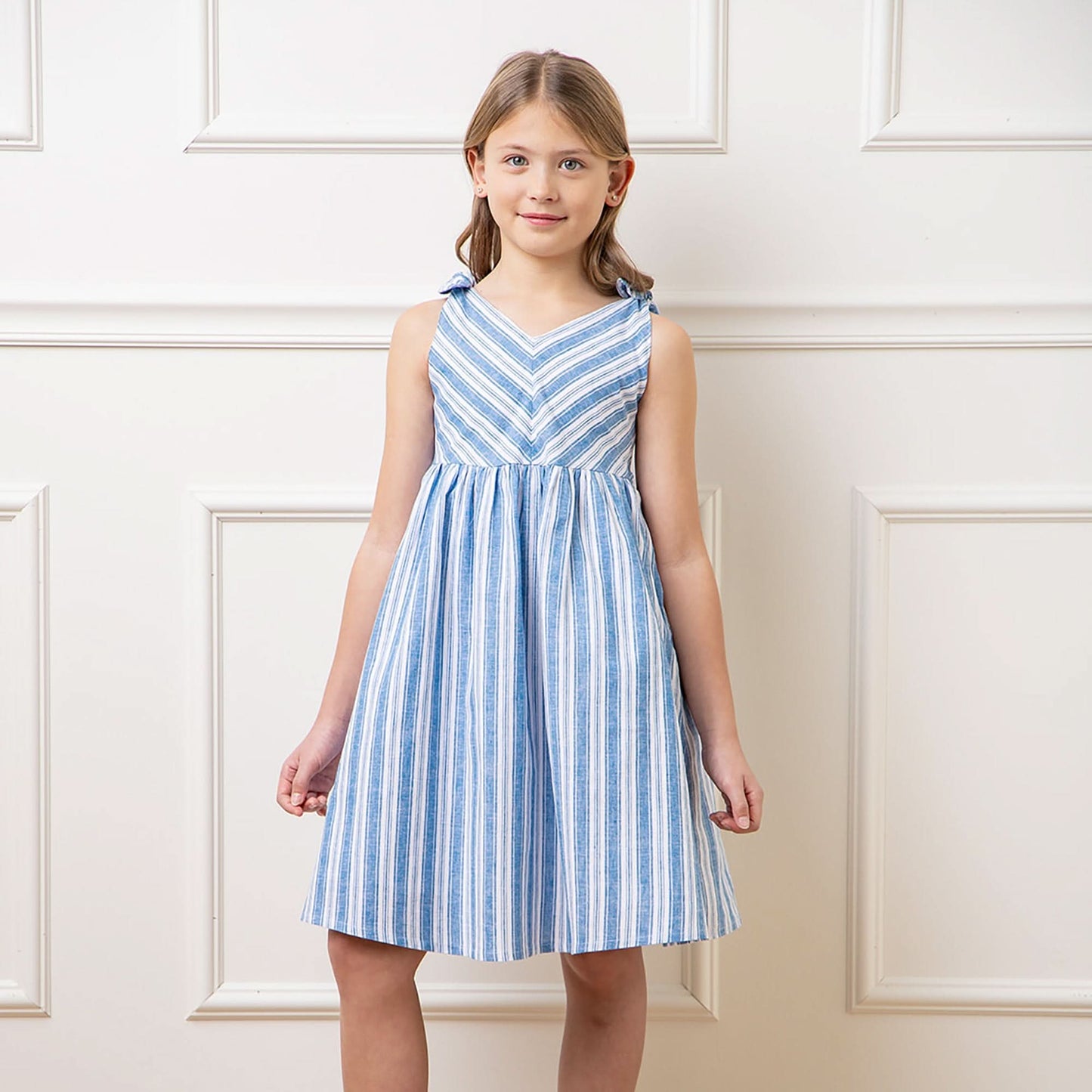 Bow Shoulder Swing Dress - Blue Stripe