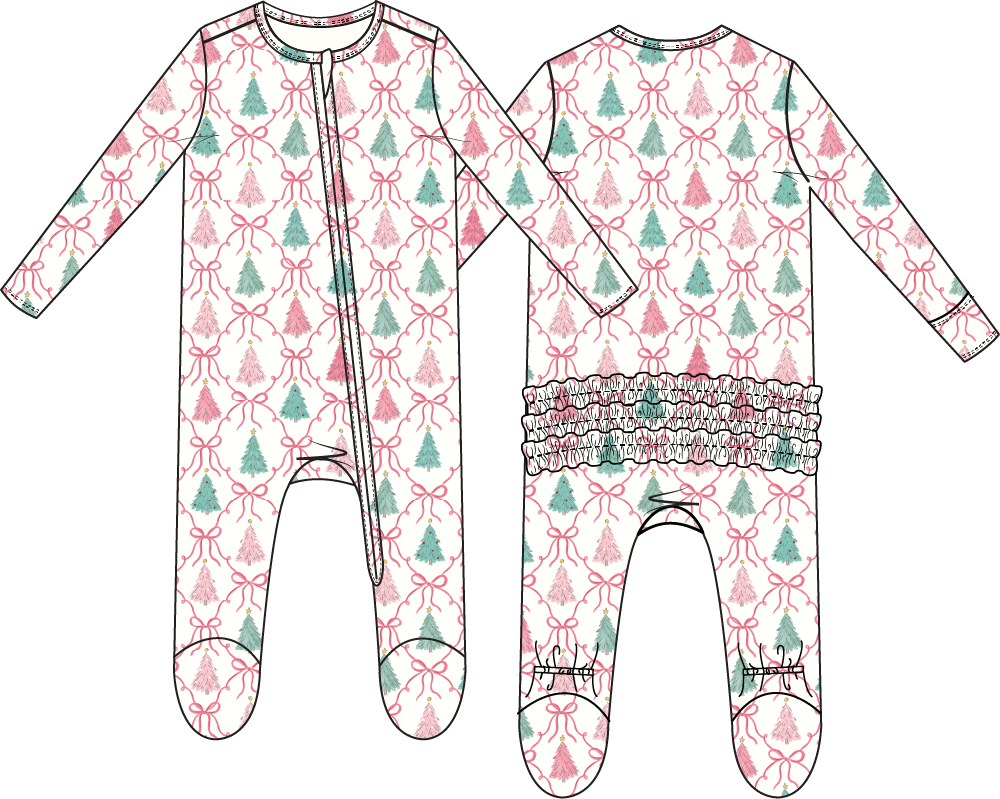 Bow Trellis Tree Ruffle Zipper Footie