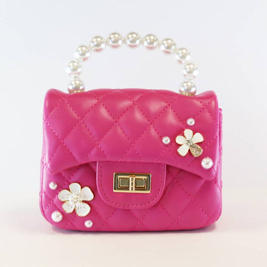 Pearl Handle Quilted Leather Purse w/ Charms - fuchsia