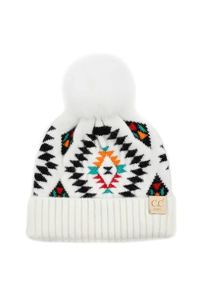 C.C Aztec Pattern Baby Hat with Soft Faux Fur Pom