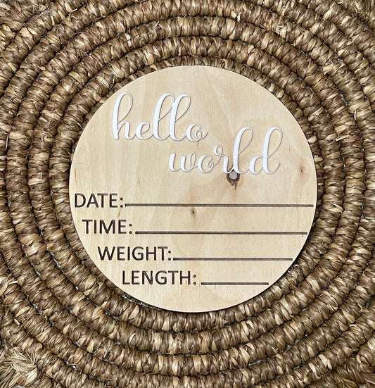 Raised Hello World Birth Statistics Sign - 6" Round Disc