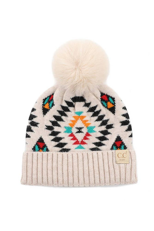 C.C Aztec Pattern Baby Hat with Soft Faux Fur Pom